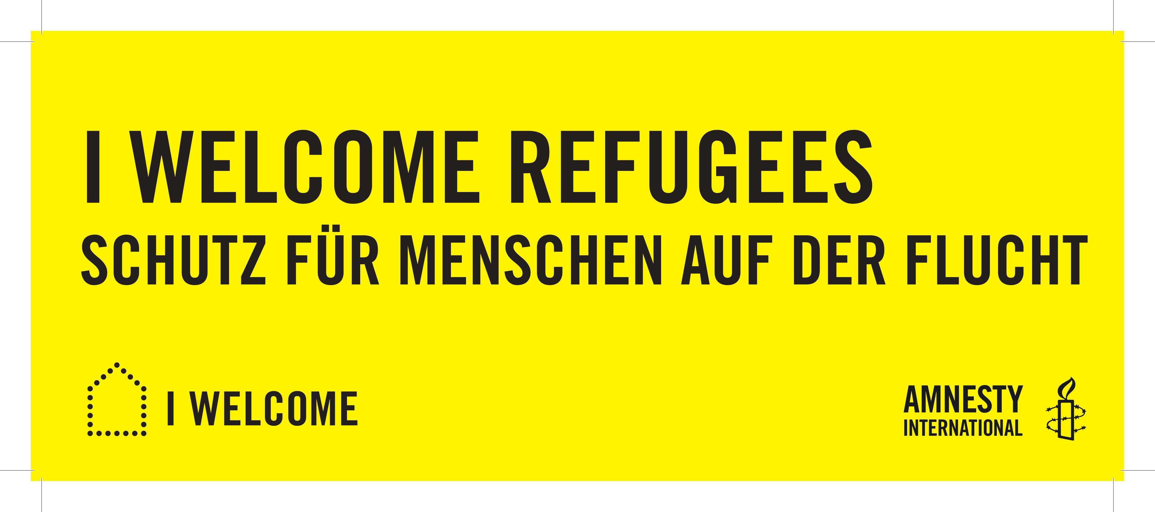 Banner „I WELCOME REFUGEES – Schutz für Menschen auf der Flucht“, zur Ausleihe
