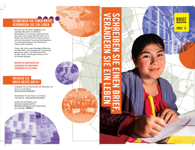 Zweiseitiges Leaflet mit Ablauf und Ziel des Briefmarathons (A5)