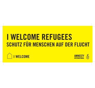 Banner „I WELCOME REFUGEES – Schutz für Menschen auf der Flucht“, zur Ausleihe