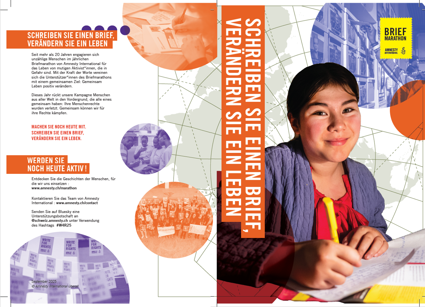 Zweiseitiges Leaflet mit Ablauf und Ziel des Briefmarathons (A5)